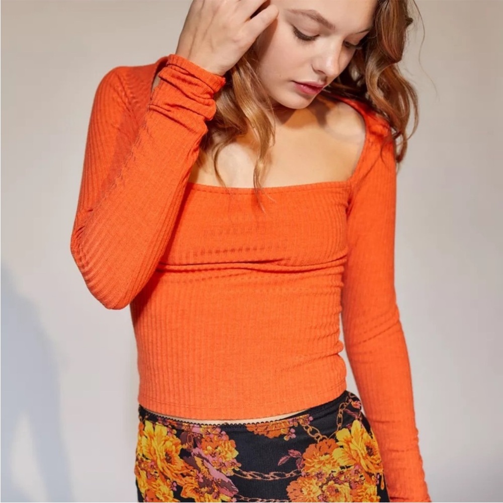 Urban Outfitters Orla Y2K Tight Orange Square Neck Ribbed Long Sleeve Crop Top